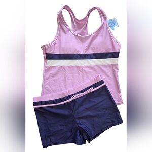 Light Purple and Navy Tank Top and Shorts 2 Piece Swim Suit Set, Size 14 Kids